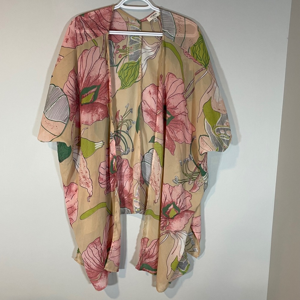 Umgee Floral Kimono Wrap Pink Green‎ Botanical Print M/L Boho Coverup Beach